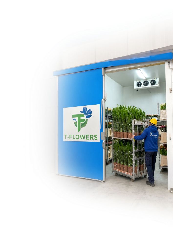 Operatore T-Flowers che sposta carrelli di piante in una cella frigorifera con il logo T-Flowers sulla porta